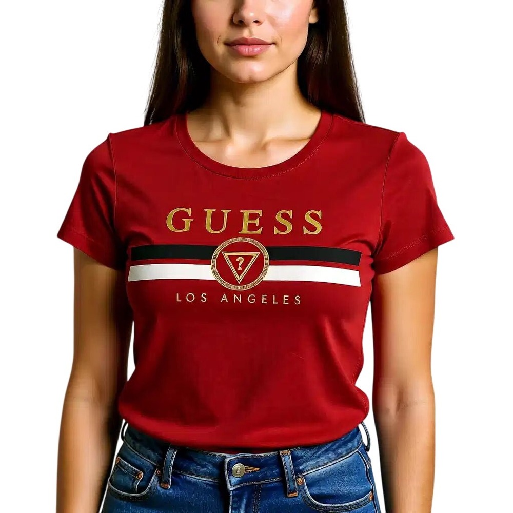 Guess Los Angeles Womens Red Graphic T-Shirt Gold Logo Stripe Crew Neck‎ L NWT